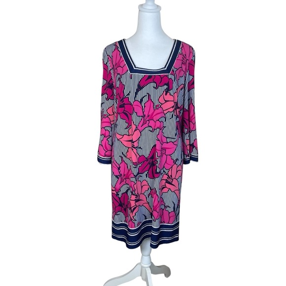 Laundry By Shelli Segal Navy Stripe Pink Floral Dress Medium Lilly Flower Casual - Picture 1 of 10